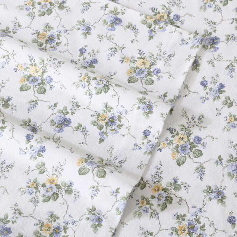 Brushed Cotton Flannel Sheet Set, King Sheet Set with 2 Pillowcases, Le Fleur Blue