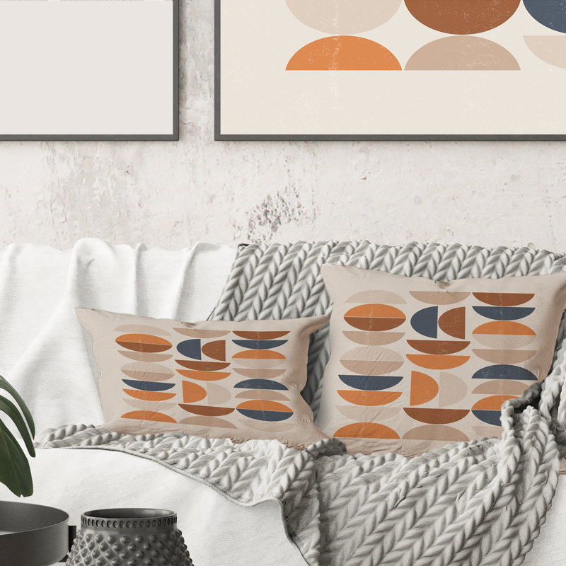Carré, abstrait soleil et lune en bleu et orange - Coussin décoratif imprimé moderne, 16" x 16"