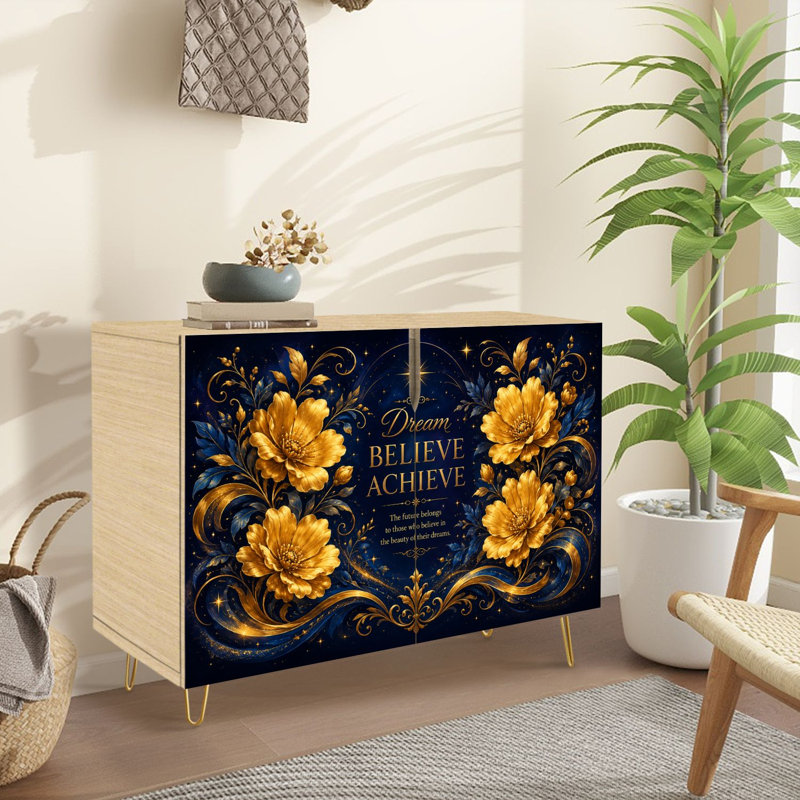 Buffet Buffet avec rangement Citation inspirante florale dorée bleu foncé avec 2 portes pour le salon et la cuisine
