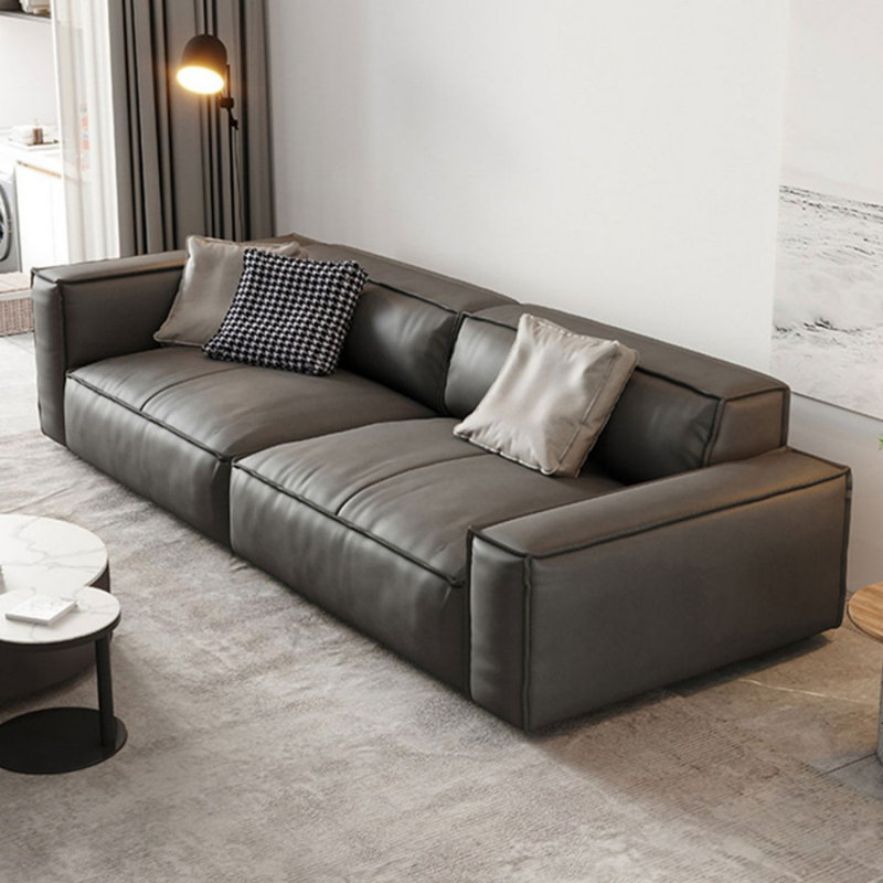 Canapé modulaire gris en cuir véritable, Gris, 25.59" H x 94.49" W x 37.8" D