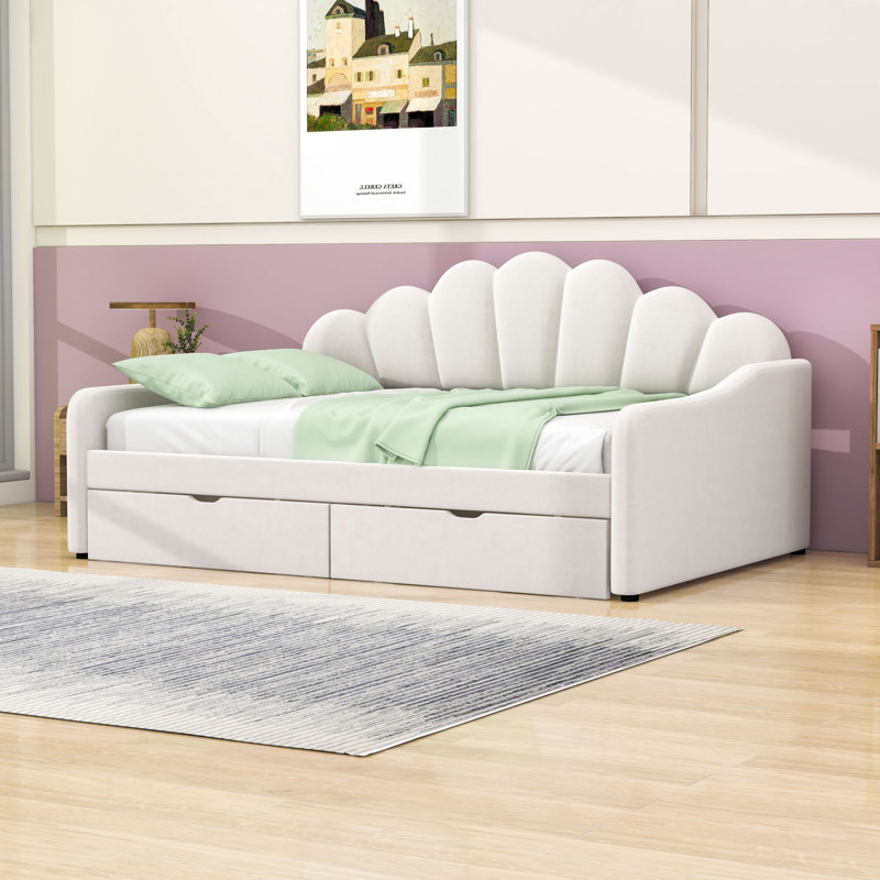 Lit de jour double en velours avec dossier élégant et tiroirs de rangement, Beige