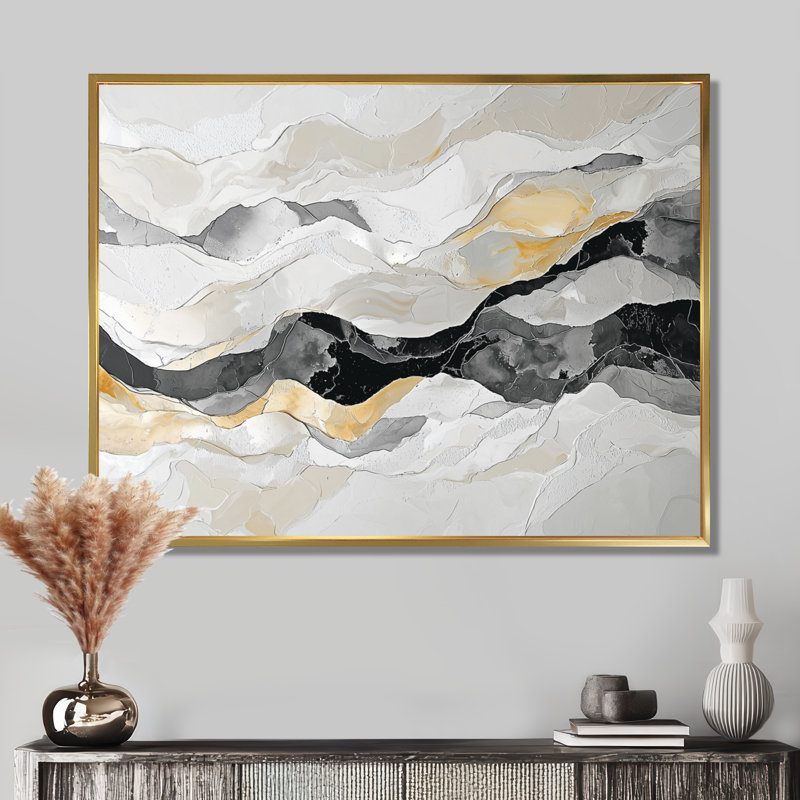 Gris, peinture noire, rivière de dérive, art cinétique - art cinétique mural, H 34 po x l 44 po, Doré