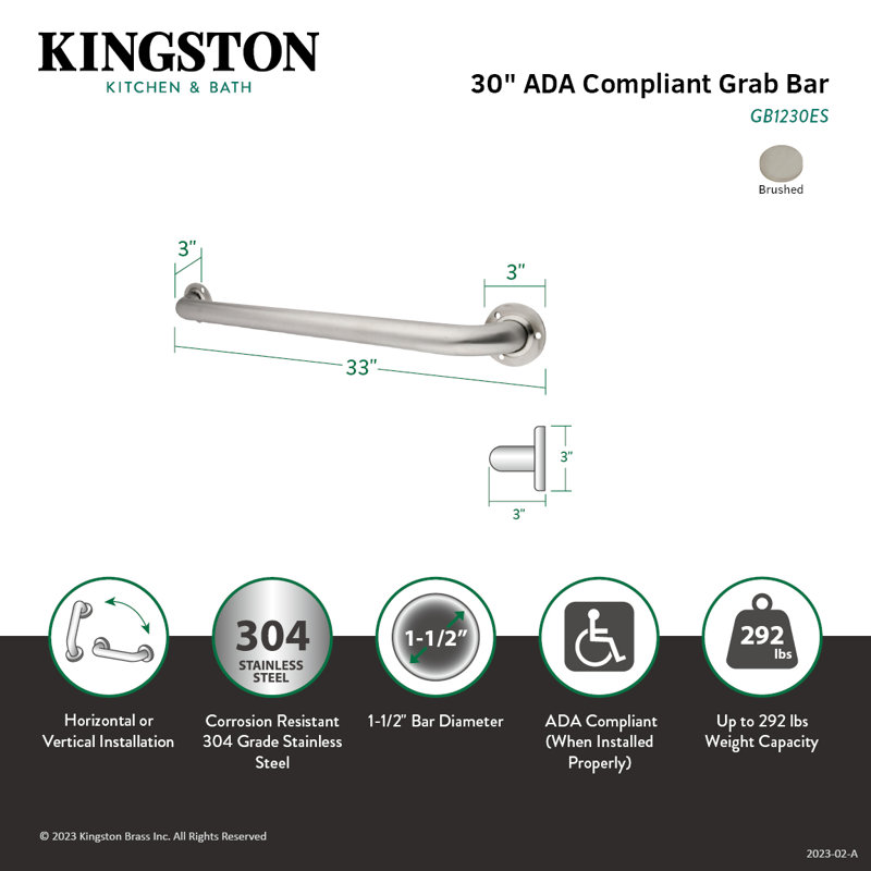 Kingston Brass Made To Match 1-1/2 Inch O.D Grab Bar, 30" W