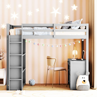 Lit mezzanine double en blanc avec tiroirs et tablettes - Optimisez l'organisation de votre chambre à coucher, vos tablettes et votre espace de travail.