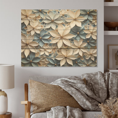 Beige And Blue Poinsettia Radiance I - Poinsettias Wood Art On Natural Pine Wood