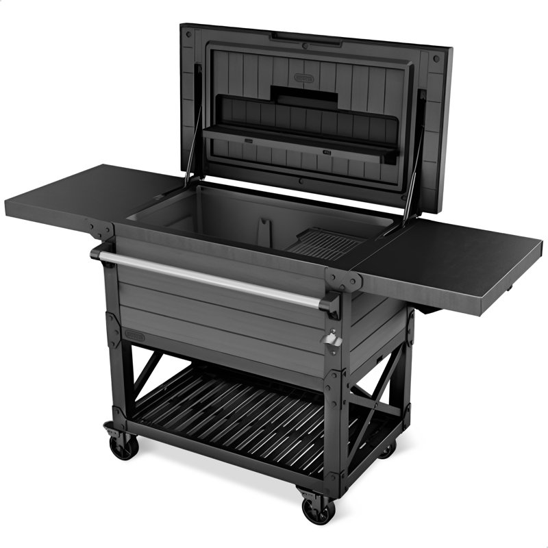 Keter Outdoor Patio Cooler Chest, 89.8 Qt Beverage Bar Cart w/ Wheels, Graphite