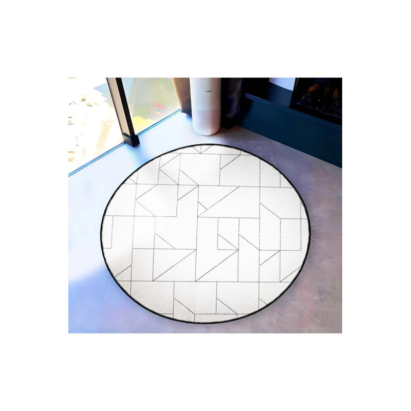 White Black Line Shape Detailed Woven Base Modern Decorative Carpet, Round 3'4"