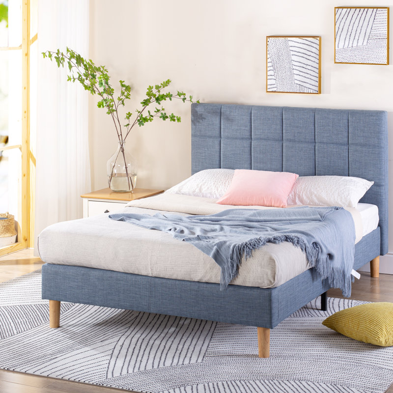 Lit plateforme tapissier Suhavi, Double, Bleu clair