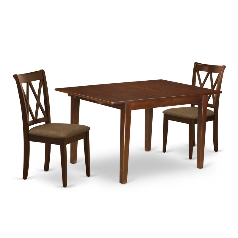 L'ensemble de meubles de salle à manger 3 pièces comprend une table rectangulaire en bois avec feuille papillon et 2 chaises de cuisine en tissu de lin, acajou