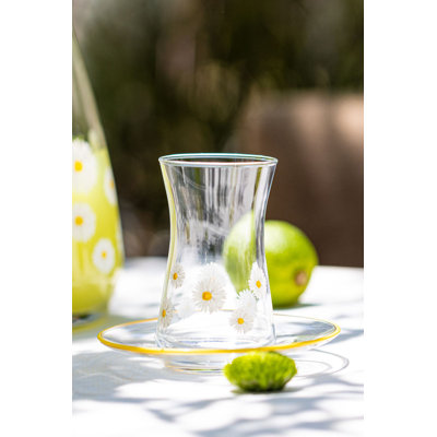 Ensemble de verres à thé Elegant (12 pièces), transparent et jaune, 2,3 x 2,3 x 3,7 pouces | 100% verre, 5,7 oz liq. (6 verres) et soucoupe 5 x 5 x 0,6 pouces (6 pièces) | Idéal pour les amateurs de thé, lavage à la main recommandé pour la longévité