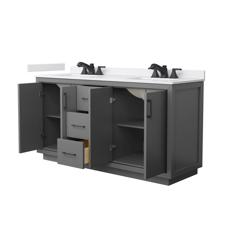 Icon 66" Freestanding Double Bathroom Vanity with Cultured Marble Top, Gray, Matte Black