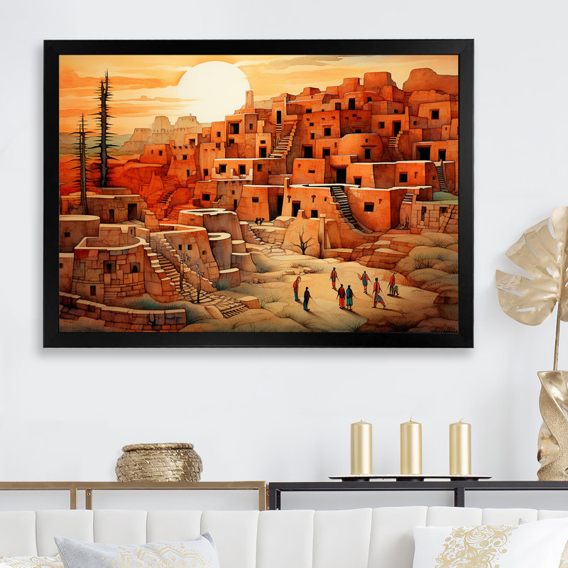 Native Glorious City Landscape - Native American Art Framed Prints, Black Single Picture Framed, 12" H x 20" W x 1" D