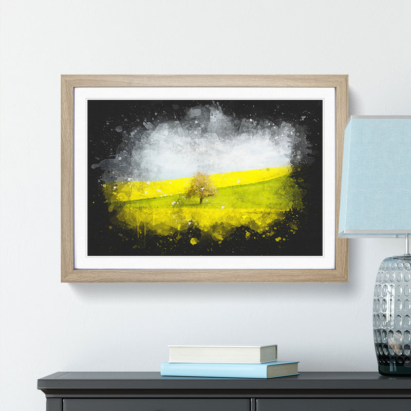 Lone Tree in a Yellow Meadow - Picture Frame Graphic Art Print, 33cm H x 45cm W x 2cm D, Oak Framed