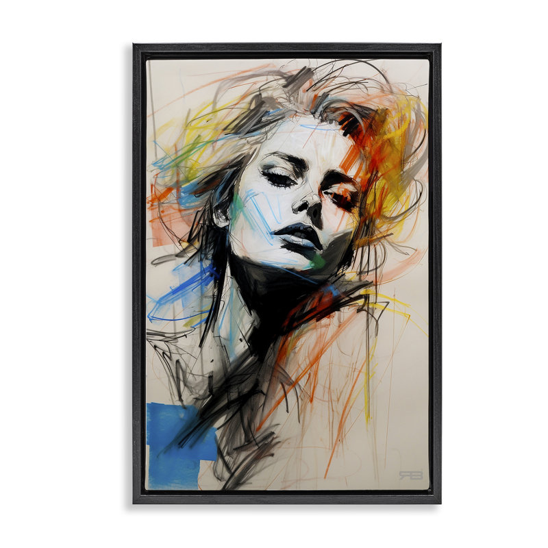 Toile flottante avec croquis chaotiques par Roozbeh Bahramali, Cadre flottant noir de jais, H 25 po x l 17 po