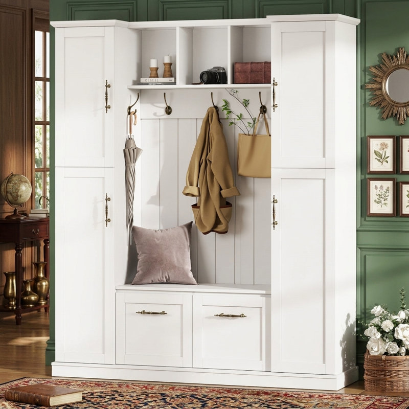 Hall Tree With Storage Bench, Entryway Organization, Cabinets With Adjustable Shelves, Open Cubbies, Modern Farmhouse, Mudroom