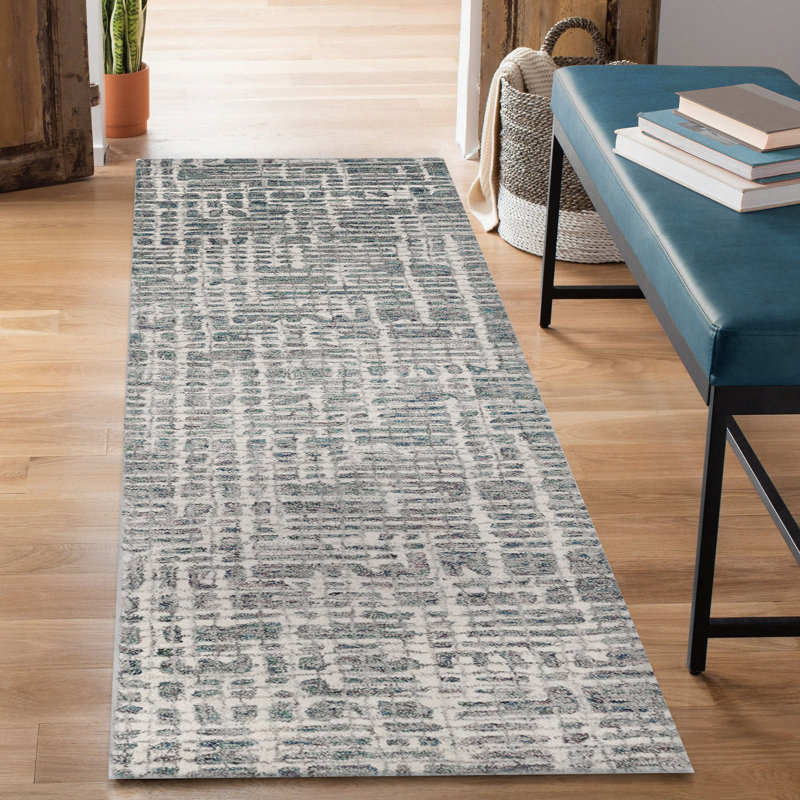 Tapis bleu en laine touffeté à la main Finkelstein, Tapis de couloir 2 pi x 7 pi 6 po