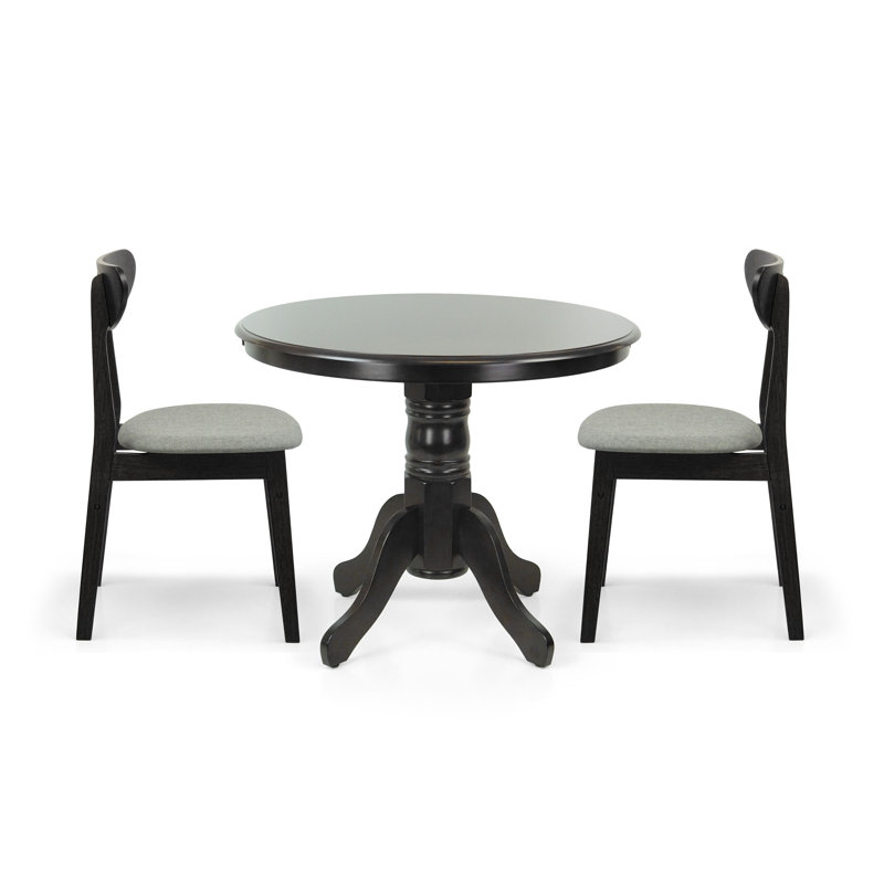 3 Piece Dining Table Set, 2 Solid Wood Yumiko Chairs w Rolf Round Dining Table, Kitchen Set for Two, Dining Room Set