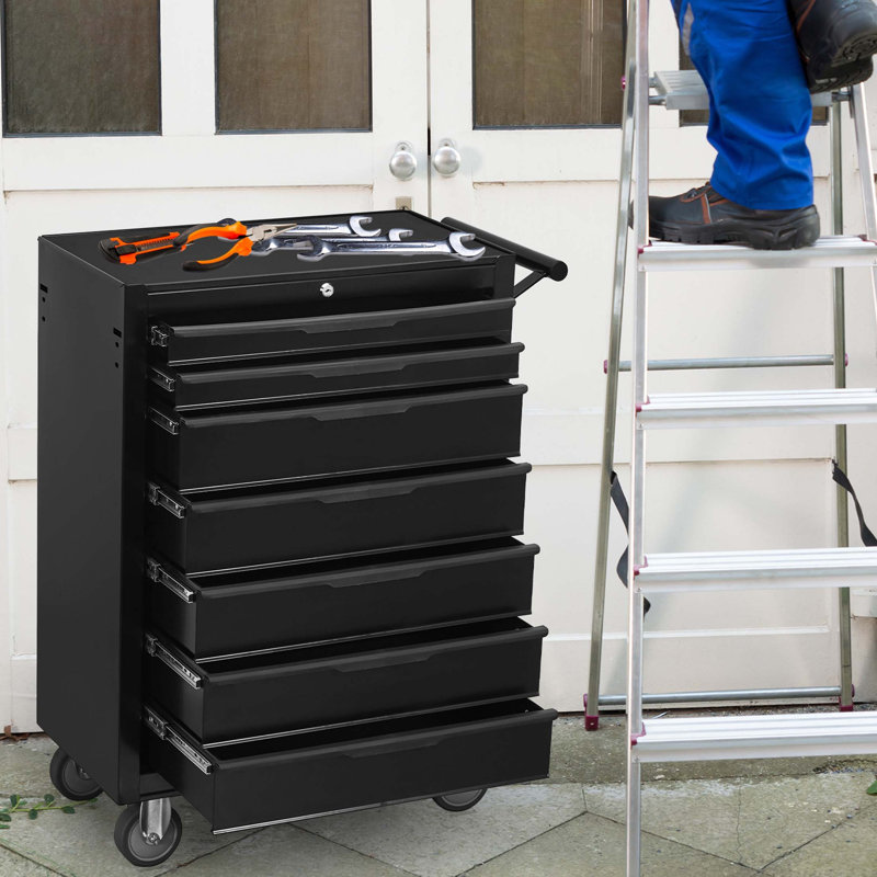 Armoire à outils à 7 tiroirs, coffre à outils en métal de grande capacité avec roulettes et verrous à cylindres, chariot à outils de rangement à roulettes pour garage, entrepôt, atelier