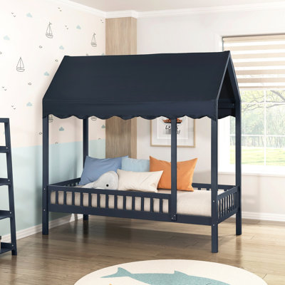 Lit à baldaquin simple moderne bleu marine avec housse de style remise et conception festonnée, idéal pour la chambre à coucher, structure en bois, aucun sommier tapissier requis, bords en tissu de plateforme de H 80,5 po x 43 po x H 83,5 po, utilisation dans la chambre à coucher, matériau,