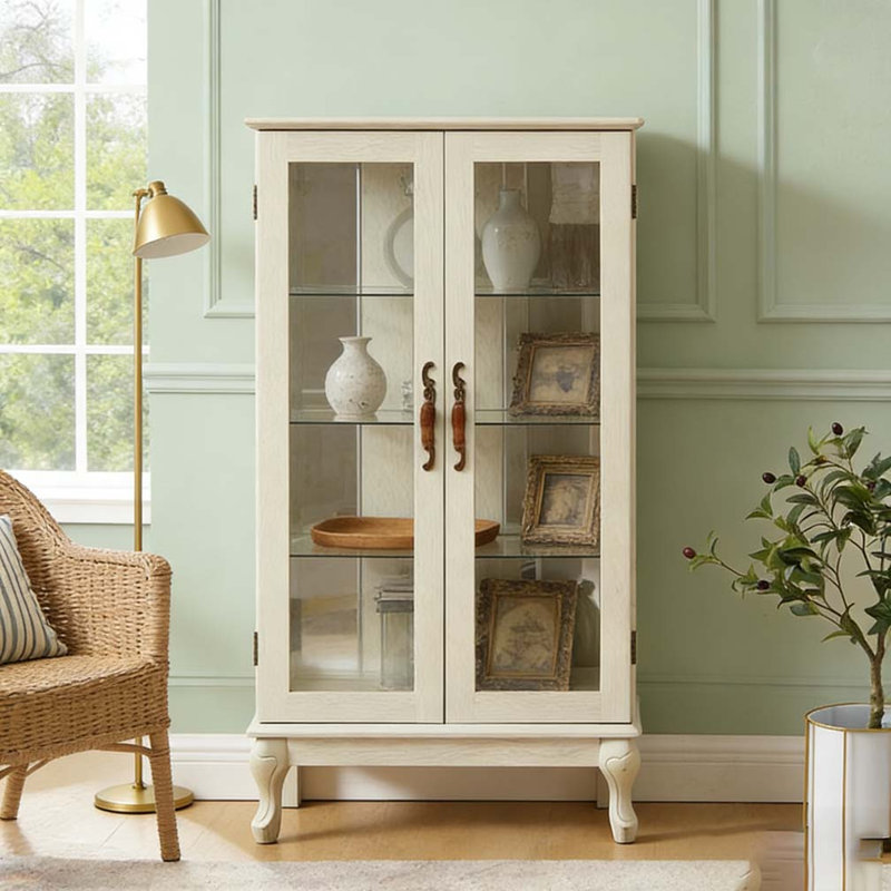 2 Doors Curio Cabinet with Tempered Glass Doors,, White