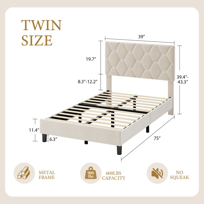 Structure de lit simple avec tête de lit tapissier réglable, lattes en bois massif, aucun sommier requis, Beige