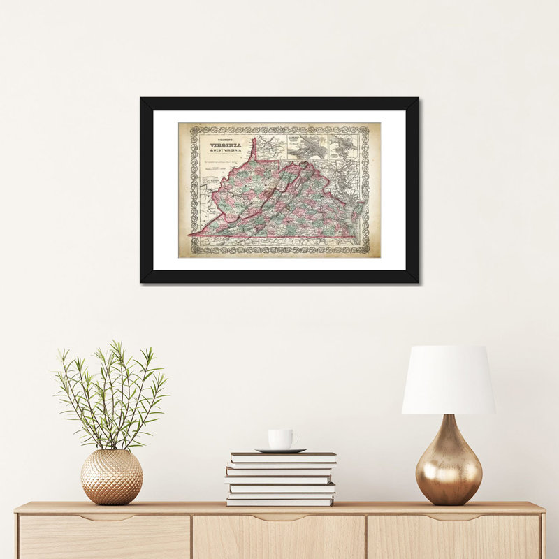 «West Virginia Map», impression sur toile, H 24 po x l 32 po x P 1 po, Papier d'art encadré noir, Blanc