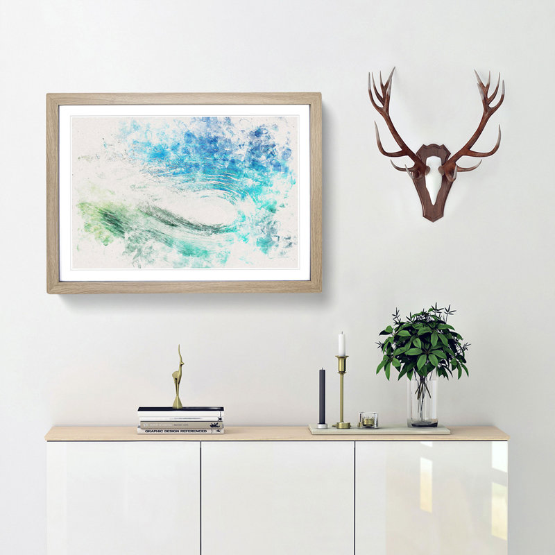 Within The Wave In Blue & Green Watercolour - Picture Frame Graphic Art, 33cm H x 45cm W x 2cm D, Oak