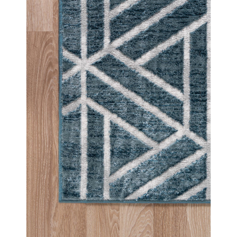 Tapis géométrique en laine bleu / ivoire Nucla, Tapis de couloir 2 pi 7 po x 16 pi 5 po