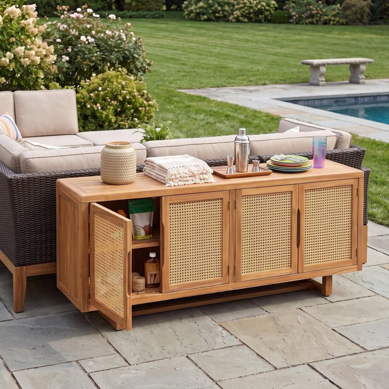 Armoire de rangement Adair Mid-Century moderne en bois d'acacia avec portes en osier de polyéthylène pour patio et jardin