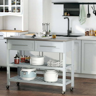 Kitchen Island with Stainless Steel Top, Traditional Kitchen Island with Storage, 2-Tier Open Shelves, Drawers, Light Gray
