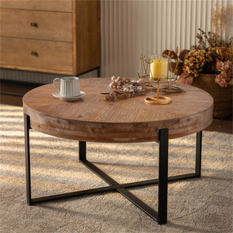 33.86"Modern Retro Splicing Round Coffee Table, Fir Wood Table Top With Black Cross Legs Base, Matte Black