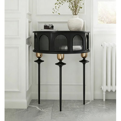 Armoire de rangement autoportante contemporaine avec façade en verre et console en métal de ton or contemporain