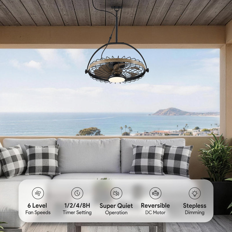 20" Outdoor Waterproof Fandelier Ceiling Fan with Dimmable LED Light and Remote, Brown Wood