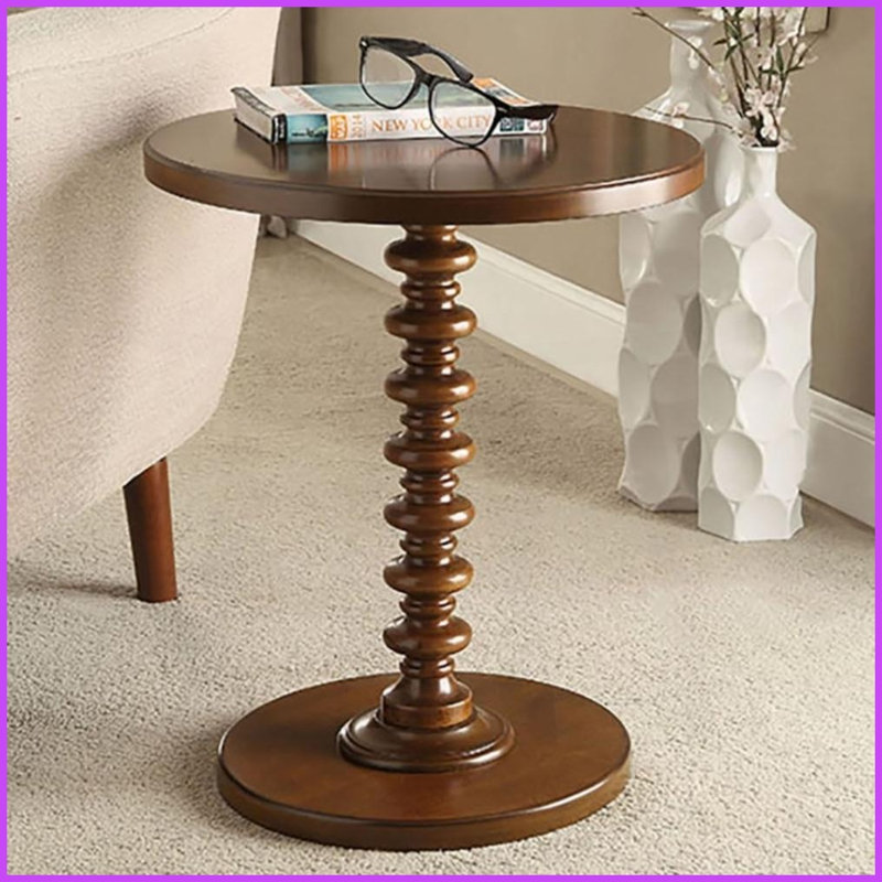 Table basse ronde en noyer peu encombrante - Piédestal tourné en bois, conception épurée pour les espaces compacts, Brun