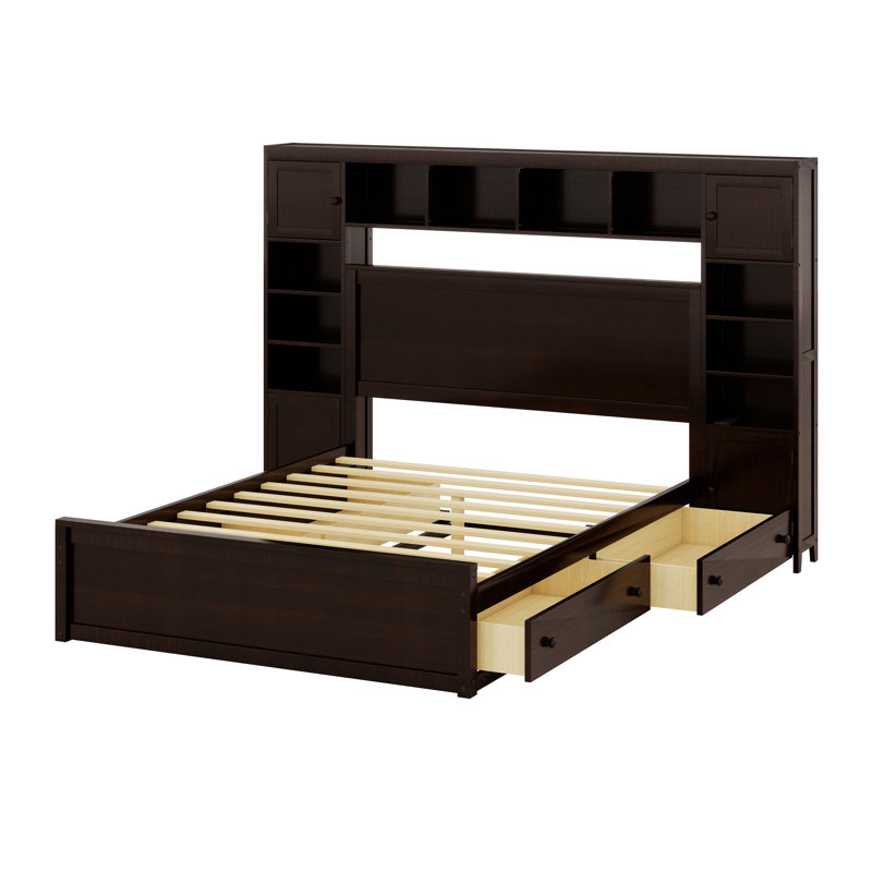 Lit en bois avec armoire tout-en-un, tablette et douilles, tiroirs, Espresso
