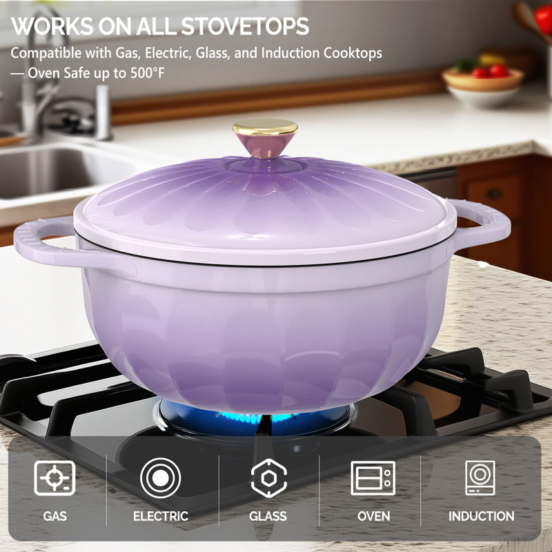 Cocotte en fonte émaillée violette de 7,5 litres en forme de pétale, avec maniques et dessous de plat résistants à la chaleur
