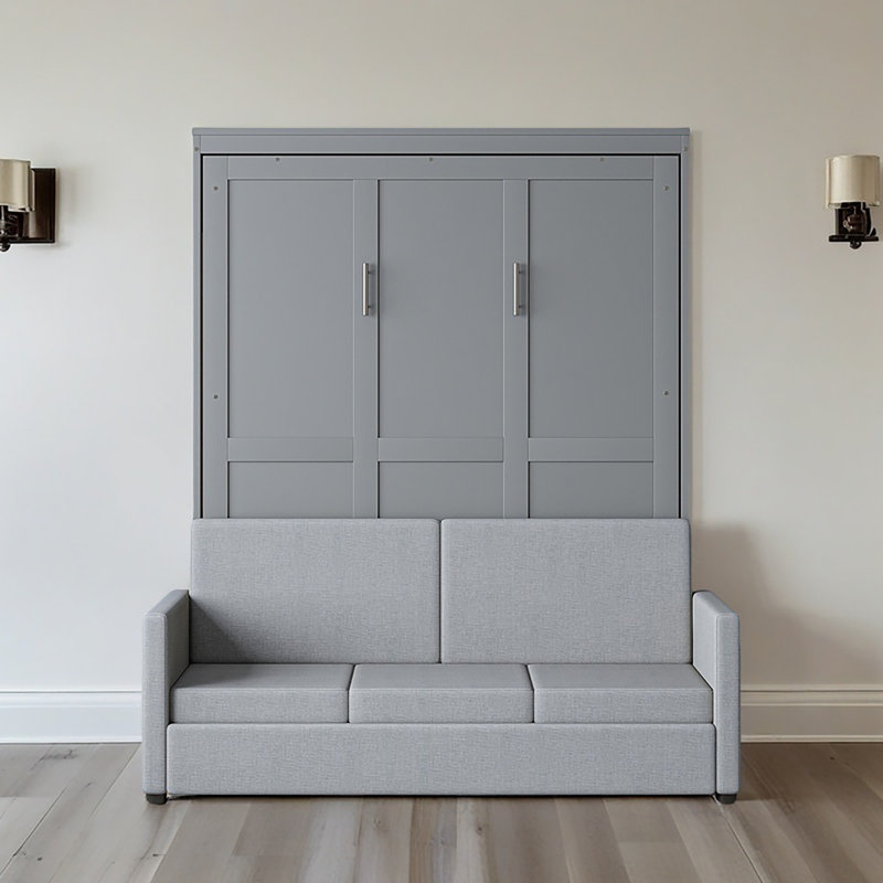 Lit escamotable double pleine grandeur avec coussin, Gris