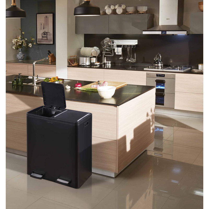 Large Black Stainless Steel Dual Compartment Trash and Recycling Bin