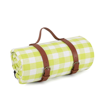 79x79in Waterproof Picnic Blanket, Green White Checkered Beach Mat for 6-8 Adults, Foldable Camping Park Travel Mat with Strap