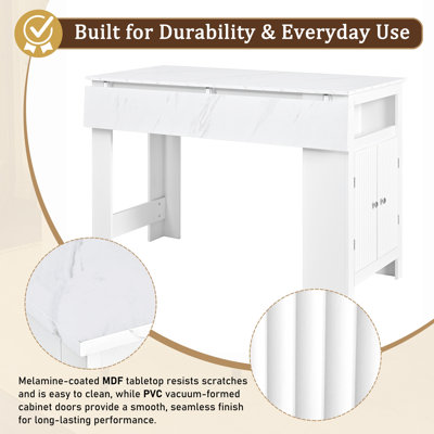 Buffet 3-en-1 avec plateau de table pliable, plateau en grain de marbre, armoire de rangement à 2 portes, tablettes réglables, crochets latéraux