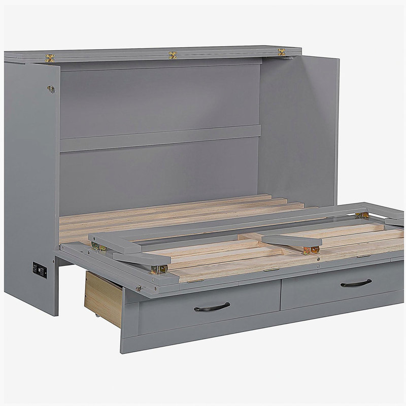 Lit escamotable double avec grand tiroir, gris, Gris, Double
