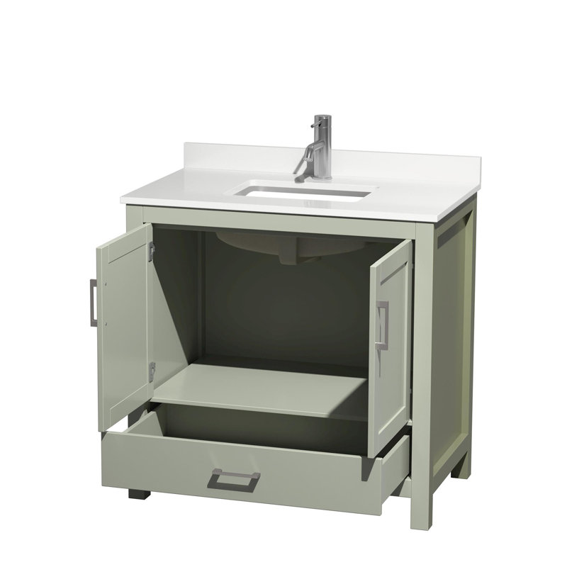 Sheffield 36" Freestanding Single Bathroom Vanity with Quartz Top, Green, Brushed Nickel, White Quartz