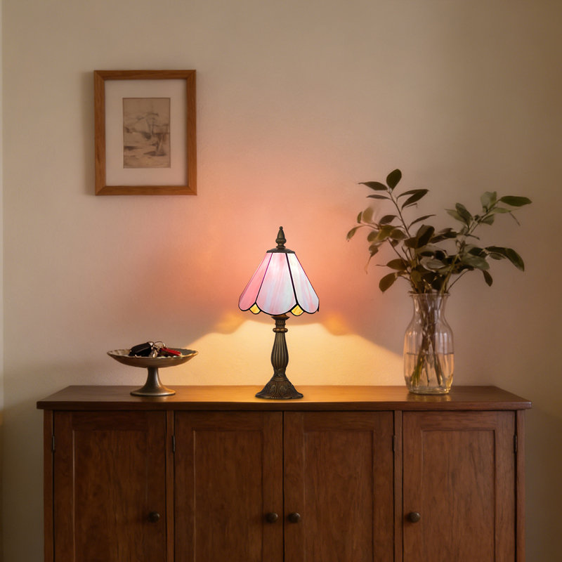 Lampe de table Tiffany rose à 1 lumière de 7 pouces, style artisanal en verre coloré, Rose