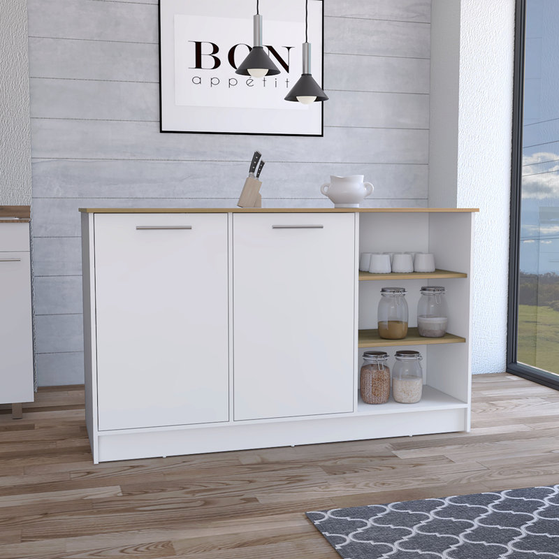 Îlot de cuisine deux armoires, trois tablettes ouvertes, Blanc/naturel