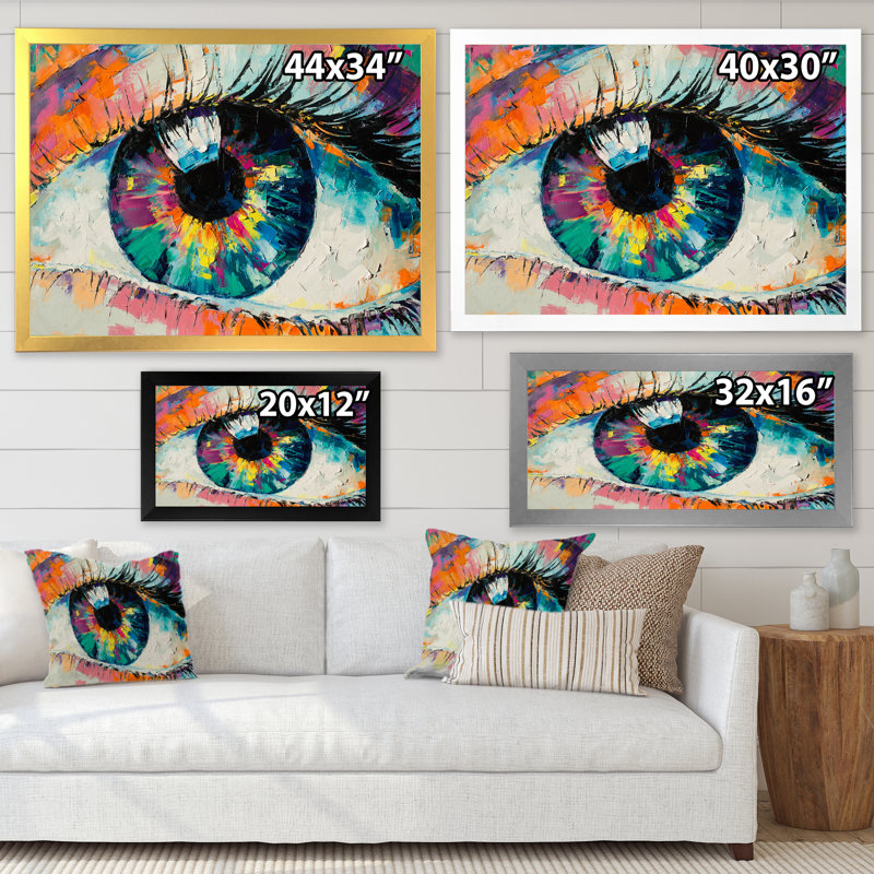 Œil de femme coloré turquoise - Œuvre d'art moderne sur toile, H 30 po x l 40 po x P 1,5 po, Toile encadrée dorée
