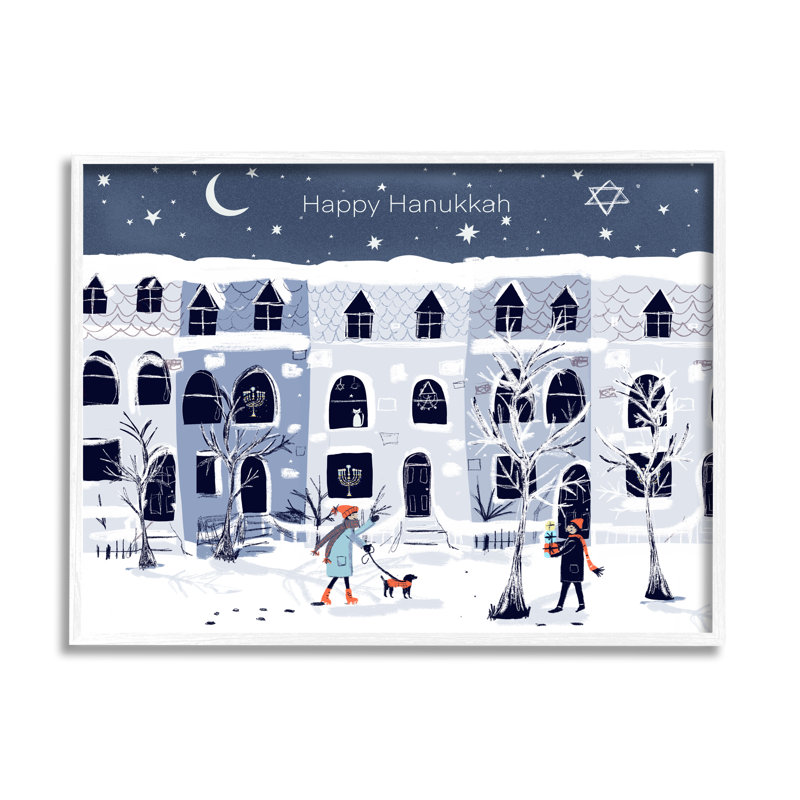 «Happy Hanukkah Winter City» par Susse Linton, H 11 po x l 14 po, Giclée encadrée blanc bord de mer