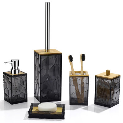 Black Grey Bathroom Accessories Set, Toothbrush Holder, Soap Dispenser, Cotton Swabs Holder, Soap Dish, Toilet Brush With Holder, Black Bamboo Bathroo -  Dakota Fields, 5EB686699F824DA2B3D894B49303A6D7