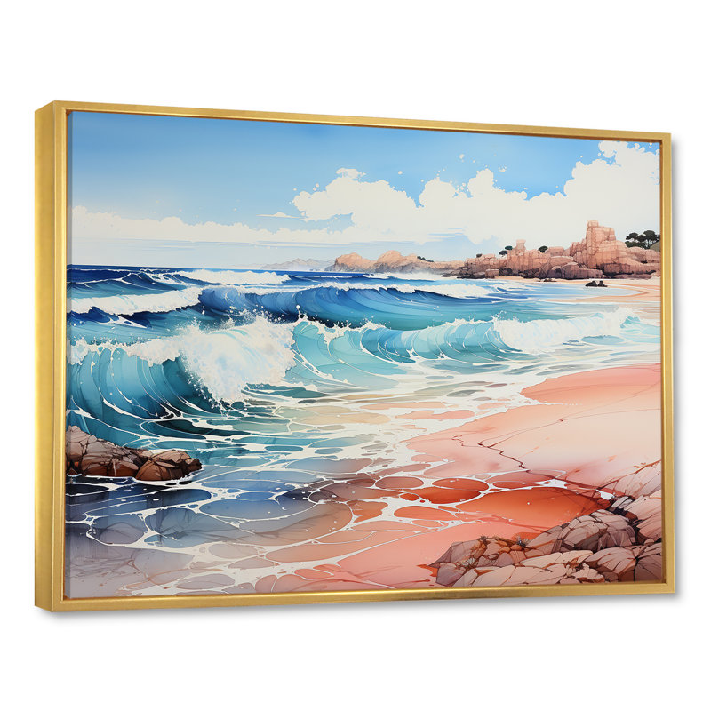 «Blue Beach Waves Fusion» - Décoration murale nautique et plage, Cadre flottant doré, H 16 po x l 32 po x P 1 po