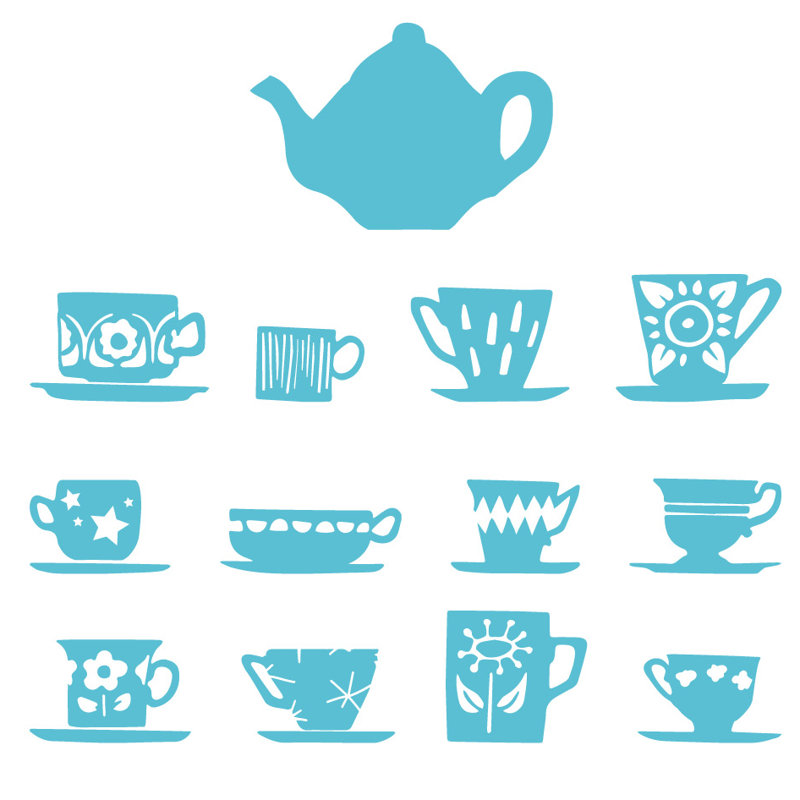 Décalcomanie murale tasses de thé, H 32 po x l 33 po x P 0,01 po, Bleu geyser