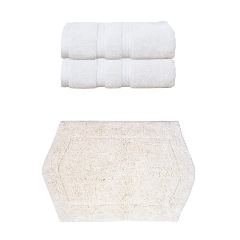 Bryd Collection 100% Soft Cotton 2 Pc Bath Towel Set & 1 Pc Bath Rug, (Set of 3), Ivory